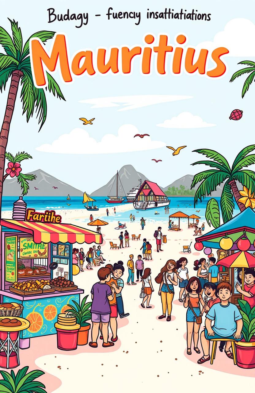 A vibrant, hand-drawn illustration featuring budget-friendly attractions for youngsters in Mauritius