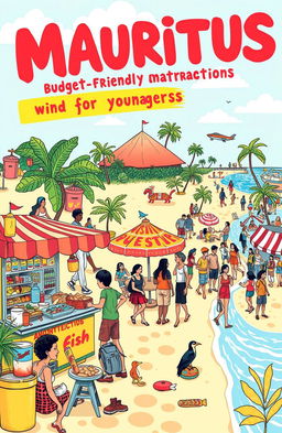 A vibrant, hand-drawn illustration featuring budget-friendly attractions for youngsters in Mauritius