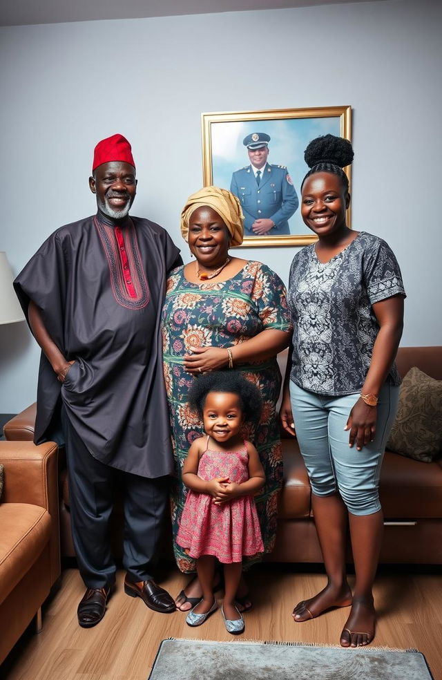 A joyful Black African family gathered in a modern living room, featuring a slim elderly man dressed in traditional African attire with a striking red cap