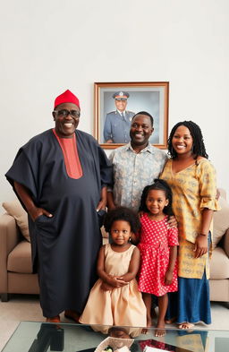 A joyful Black African family gathered in a modern living room, featuring a slim elderly man dressed in traditional African attire with a striking red cap