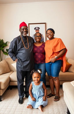 A joyful Black African family gathered in a modern living room, featuring a slim elderly man dressed in traditional African attire with a striking red cap