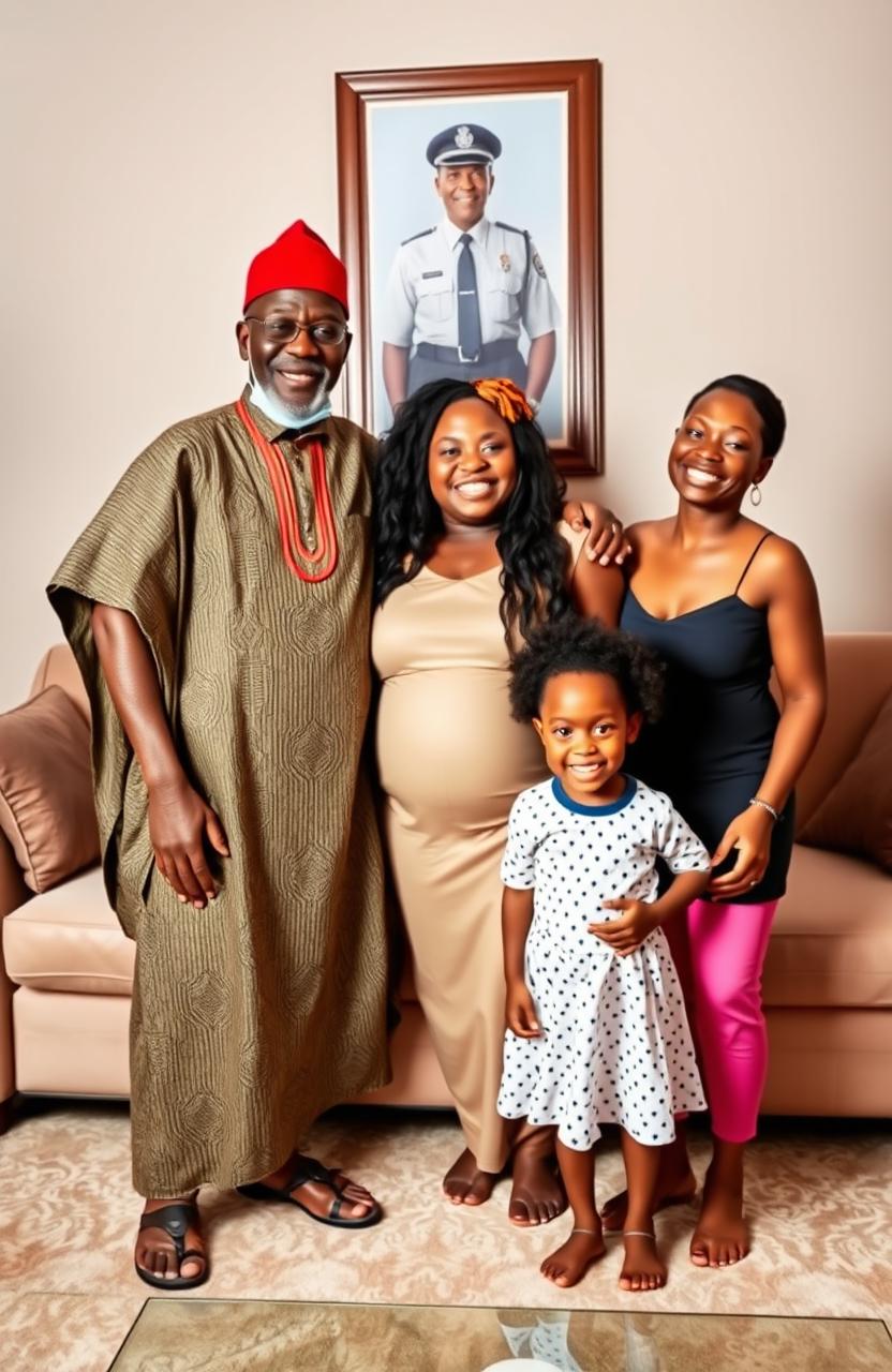 A joyful Black African family gathered in a modern living room, featuring a slim elderly man dressed in traditional African attire with a striking red cap