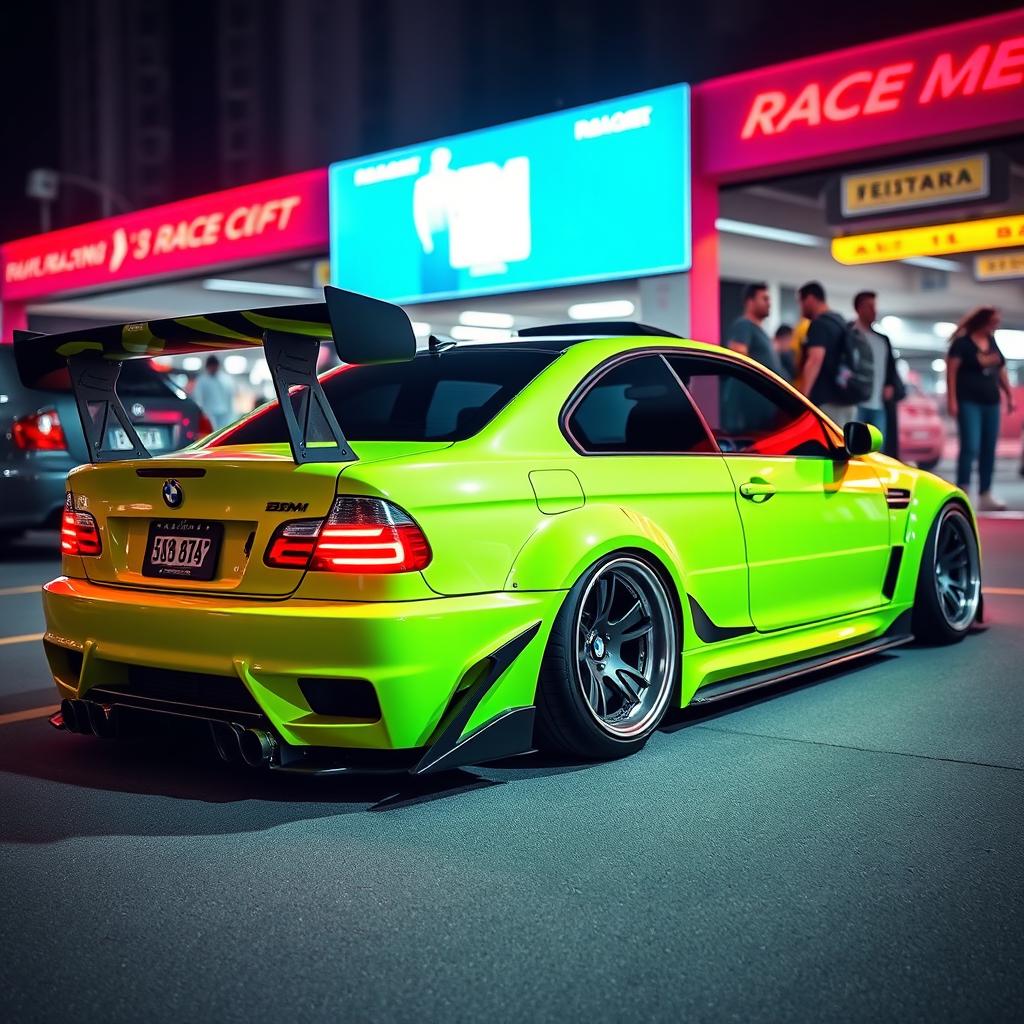 A BMW car styled with a distinct JDM (Japanese Domestic Market) influence, showcasing an aggressive body kit, lowered suspension, and wide fenders