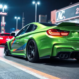 A BMW car styled with a distinct JDM (Japanese Domestic Market) influence, showcasing an aggressive body kit, lowered suspension, and wide fenders