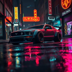 An angle view from a higher perspective of a 2006 Ford Mustang customized as a striking rat rod, featuring a very aggressive widebody kit that enhances its muscular design