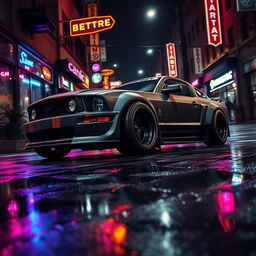 An angle view from a higher perspective of a 2006 Ford Mustang customized as a striking rat rod, featuring a very aggressive widebody kit that enhances its muscular design