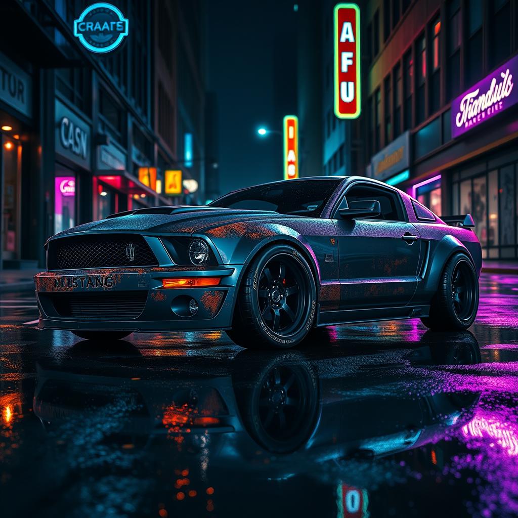 An angle view from a higher perspective of a 2006 Ford Mustang customized as a striking rat rod, featuring a very aggressive widebody kit that enhances its muscular design