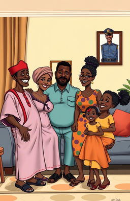 A vibrant comic-style illustration depicting a Black African family in their modern living room