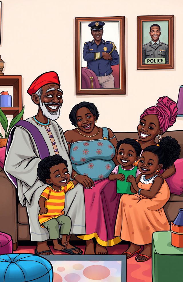 A vibrant comic-style illustration depicting a Black African family in their modern living room