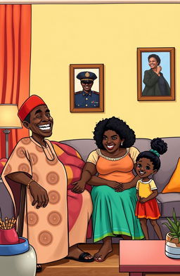 A vibrant comic-style illustration depicting a Black African family in their modern living room