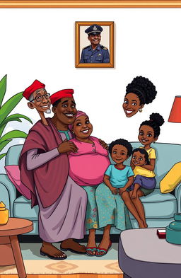 A vibrant comic-style illustration depicting a Black African family in their modern living room