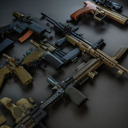 A range of automatic rifles, demonstrating their unique features and modern design.