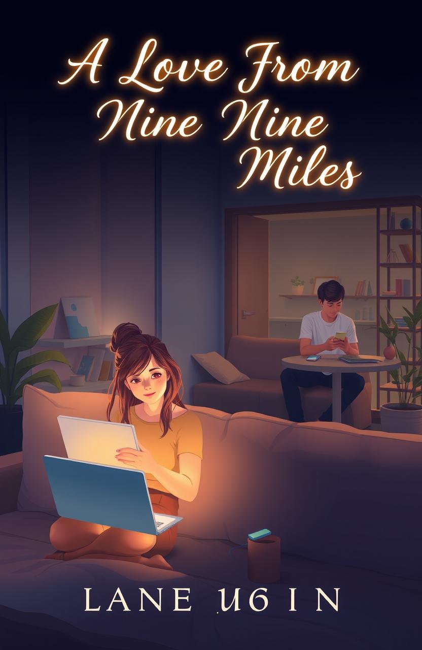 A romantic book cover featuring two chatmates separated by distance, represented by a digital landscape connecting them