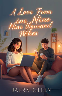 A romantic book cover featuring two chatmates separated by distance, represented by a digital landscape connecting them