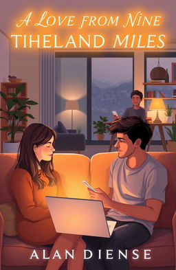A romantic book cover featuring two chatmates separated by distance, represented by a digital landscape connecting them