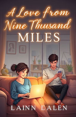 A romantic book cover featuring two chatmates separated by distance, represented by a digital landscape connecting them