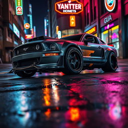 A higher angle view of a 2006 Ford Mustang transformed into a striking rat rod, showcasing a very aggressive widebody kit with mismatched body panels that add to its unique and edgy character