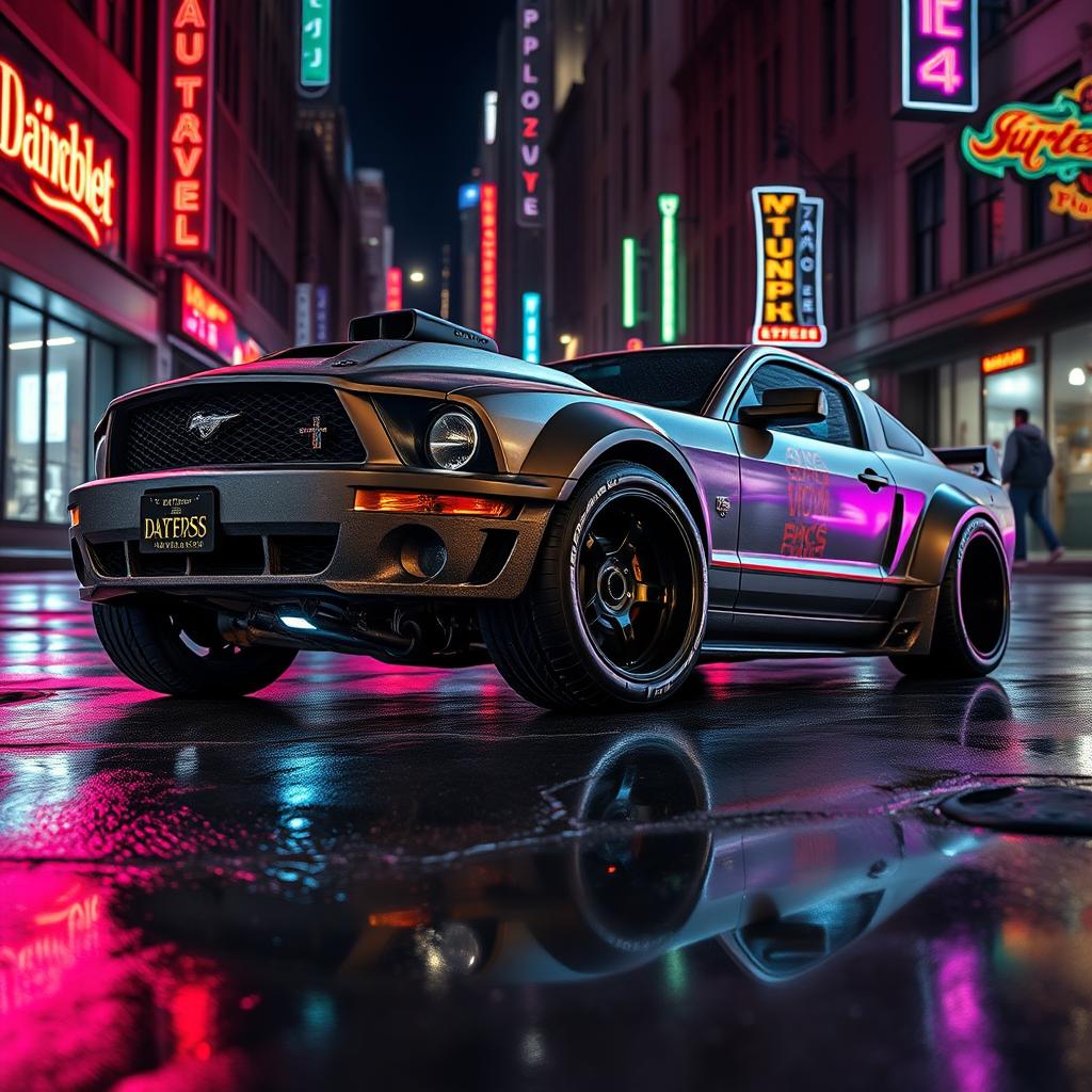 A higher angle view of a 2006 Ford Mustang transformed into a striking rat rod, showcasing a very aggressive widebody kit with mismatched body panels that add to its unique and edgy character