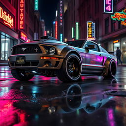 A higher angle view of a 2006 Ford Mustang transformed into a striking rat rod, showcasing a very aggressive widebody kit with mismatched body panels that add to its unique and edgy character