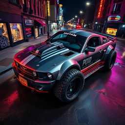 A higher angle view of a 2006 Ford Mustang transformed into a striking rat rod, showcasing a very aggressive widebody kit with mismatched body panels that add to its unique and edgy character