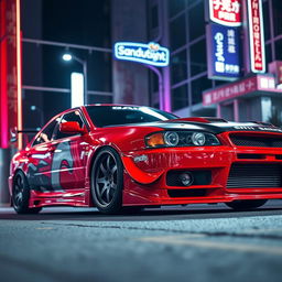 A JDM (Japanese Domestic Market) styled car, featuring a sporty design with a wide body kit, aggressive front bumper, and lowered suspension