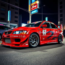 A JDM (Japanese Domestic Market) styled car, featuring a sporty design with a wide body kit, aggressive front bumper, and lowered suspension