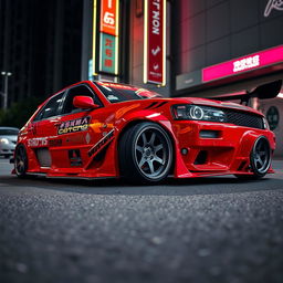 A JDM (Japanese Domestic Market) styled car, featuring a sporty design with a wide body kit, aggressive front bumper, and lowered suspension