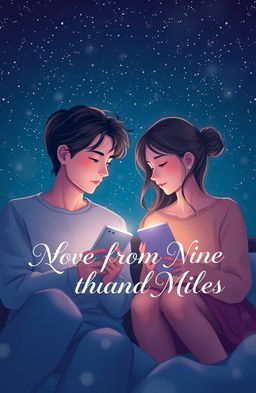 A romantic scene depicting two chatmates who are physically distant yet emotionally close, with a soft focus on their digital devices illuminating their faces