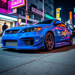 A vibrant JDM (Japanese Domestic Market) styled car featuring a sleek, aerodynamic design with a wide body kit and aggressive front fascia