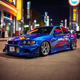 A vibrant JDM (Japanese Domestic Market) styled car featuring a sleek, aerodynamic design with a wide body kit and aggressive front fascia