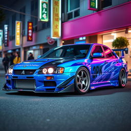 A vibrant JDM (Japanese Domestic Market) styled car featuring a sleek, aerodynamic design with a wide body kit and aggressive front fascia