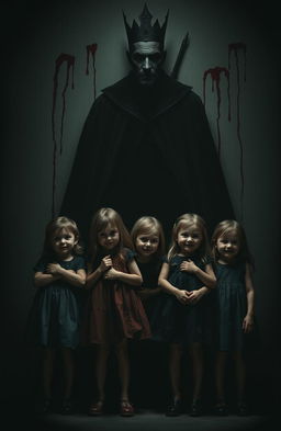 Four sweet girls with an innocent appearance standing together in a shadowy setting, their expressions joyful yet slightly mysterious