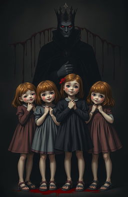 Four sweet girls with an innocent appearance standing together in a shadowy setting, their expressions joyful yet slightly mysterious