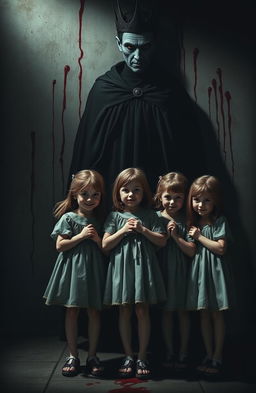 Four sweet girls with an innocent appearance standing together in a shadowy setting, their expressions joyful yet slightly mysterious