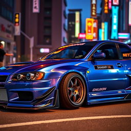 A striking JDM (Japanese Domestic Market) styled car, featuring a sleek and sporty design with a wide body kit and aggressive lines