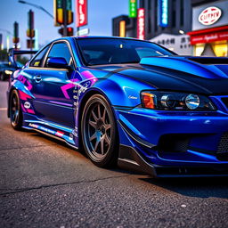 A striking JDM (Japanese Domestic Market) styled car, featuring a sleek and sporty design with a wide body kit and aggressive lines