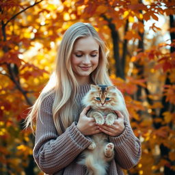 A beautiful Russian girl with stunning long blond hair, wearing a cozy sweater, smiles gently as she holds a fluffy cat in her hands