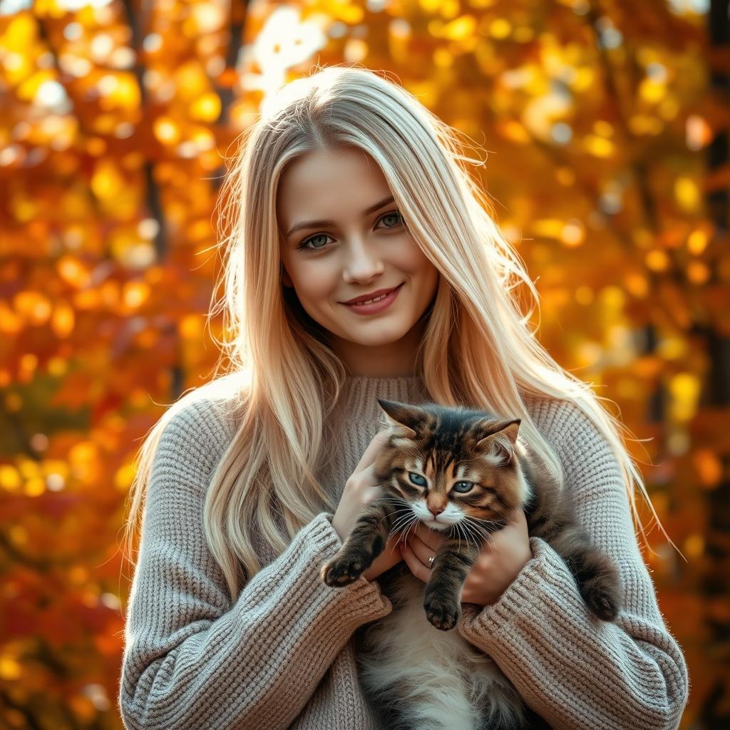 A beautiful Russian girl with stunning long blond hair, wearing a cozy sweater, smiles gently as she holds a fluffy cat in her hands