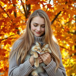 A beautiful Russian girl with stunning long blond hair, wearing a cozy sweater, smiles gently as she holds a fluffy cat in her hands