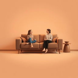 A minimalist scene in warm brown tones featuring a cozy, modern sofa in the center