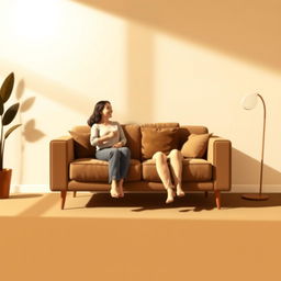 A minimalist scene in warm brown tones featuring a cozy, modern sofa in the center