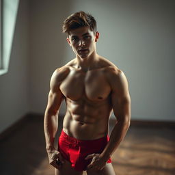 A young adult male, 18 years old, wearing red underwear