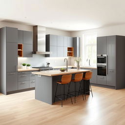 A modern kitchen designed with a harmonious blend of grey cabinetry and oak accents