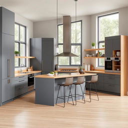 A modern kitchen designed with a harmonious blend of grey cabinetry and oak accents