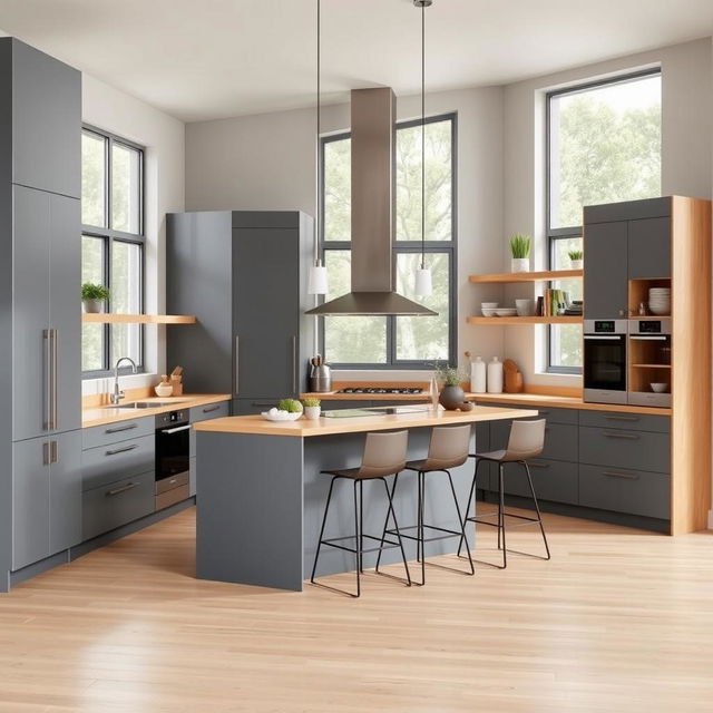 A modern kitchen designed with a harmonious blend of grey cabinetry and oak accents