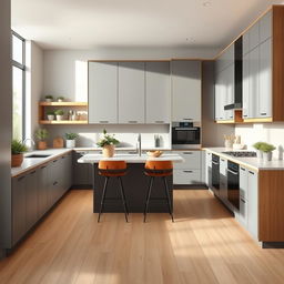 A modern kitchen designed with a harmonious blend of grey cabinetry and oak accents