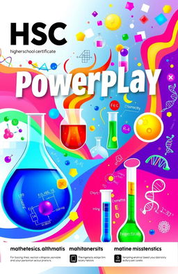 A vibrant and dynamic educational poster for HSC (Higher School Certificate) showcasing the themes of powerplay in Physics, Chemistry, Biology, and Math