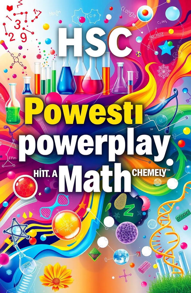 A vibrant and dynamic educational poster for HSC (Higher School Certificate) showcasing the themes of powerplay in Physics, Chemistry, Biology, and Math