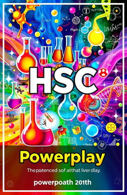 A vibrant and dynamic educational poster for HSC (Higher School Certificate) showcasing the themes of powerplay in Physics, Chemistry, Biology, and Math