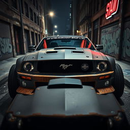 A higher angle view of a 2006 Ford Mustang transformed into a striking rat rod, featuring a very aggressive widebody kit and mismatched body panels that create a unique, rugged appearance